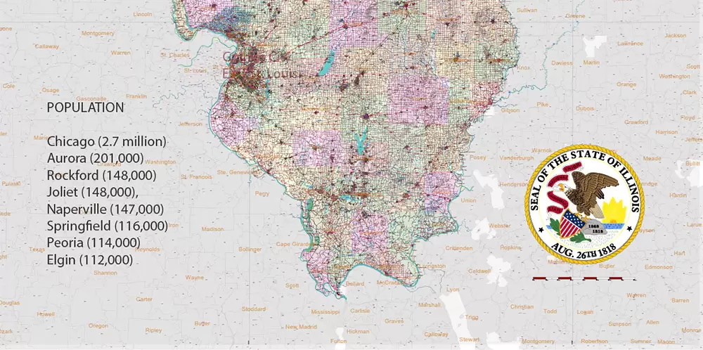 Illinois State US Map Vector Exact Roads Plan High Detailed Street Map + Counties + Zipcodes editable Adobe Illustrator in layers
