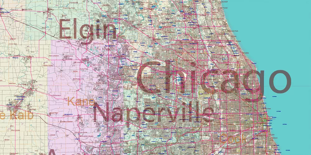 Illinois State US Map Vector Exact Roads Plan High Detailed Street Map + Counties + Zipcodes editable Adobe Illustrator in layers