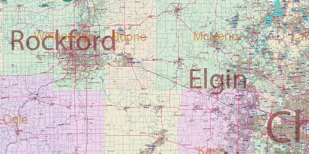 Illinois State US Map Vector Exact Roads Plan High Detailed Street Map + Counties + Zipcodes editable Adobe Illustrator in layers