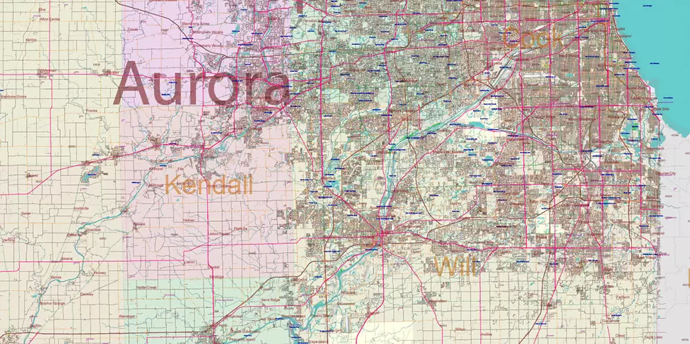 Illinois State US Map Vector Exact Roads Plan High Detailed Street Map + Counties + Zipcodes editable Adobe Illustrator in layers