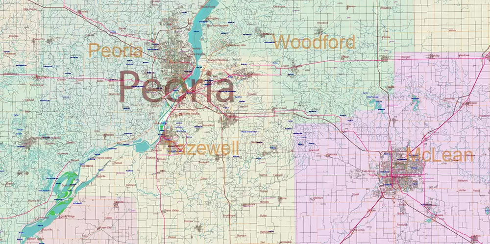 Illinois State US Map Vector Exact Roads Plan High Detailed Street Map + Counties + Zipcodes editable Adobe Illustrator in layers
