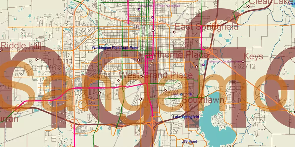 Illinois State US Map Vector Exact Roads Plan High Detailed Street Map + Counties + Zipcodes editable Adobe Illustrator in layers