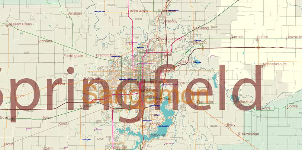 Illinois State US Map Vector Exact Roads Plan High Detailed Street Map + Counties + Zipcodes editable Adobe Illustrator in layers