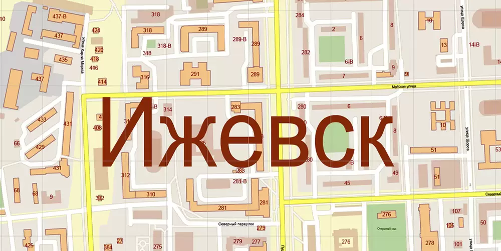 Ижевск Россия векторная карта города подробная (+ номера домов) редактируемая в слоях Adobe Illustrator