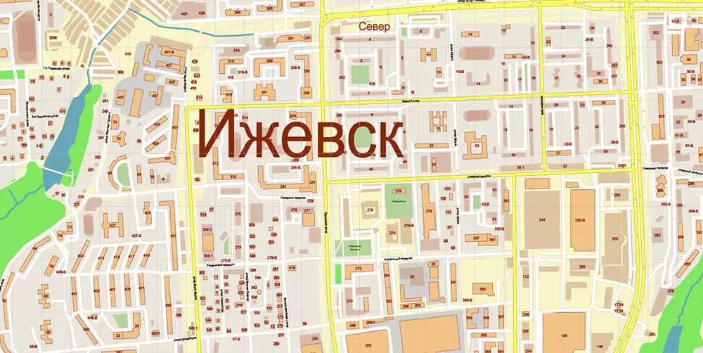 Ижевск Россия векторная карта города подробная (+ номера домов) редактируемая в слоях Adobe Illustrator
