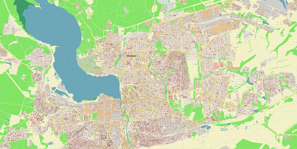 Ижевск Россия векторная карта города подробная (+ номера домов) редактируемая в слоях Adobe Illustrator