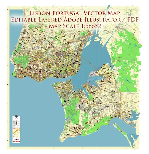 Lisbon Portugal Map Vector City Plan Low Detailed (for small print size) Street Map editable Adobe Illustrator in layers