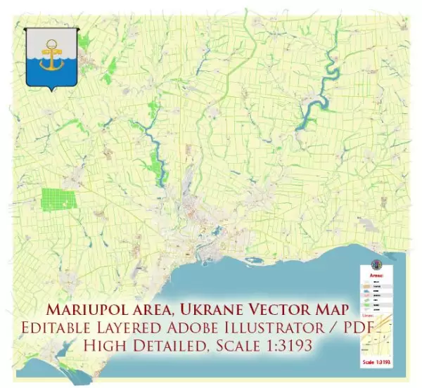Mariupol Ukraine Map Vector Exact City Plan High Detailed Street Map editable Adobe Illustrator in layers