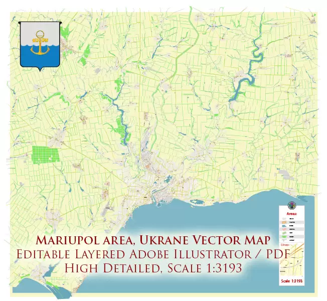 Mariupol Ukraine Map Vector Exact City Plan High Detailed Street Map editable Adobe Illustrator in layers