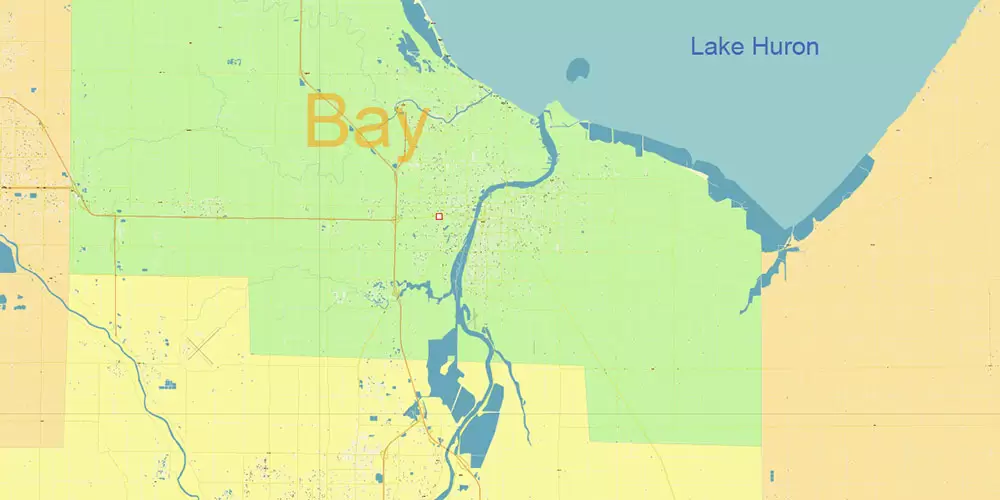 Michigan South-East area, US Vector Map: Extra High Detailed in 2 parts (all roads and streets with names) + Counties editable Adobe Illustrator in layers