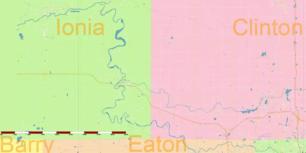 Michigan South-East area, US Vector Map: Extra High Detailed in 2 parts (all roads and streets with names) + Counties editable Adobe Illustrator in layers