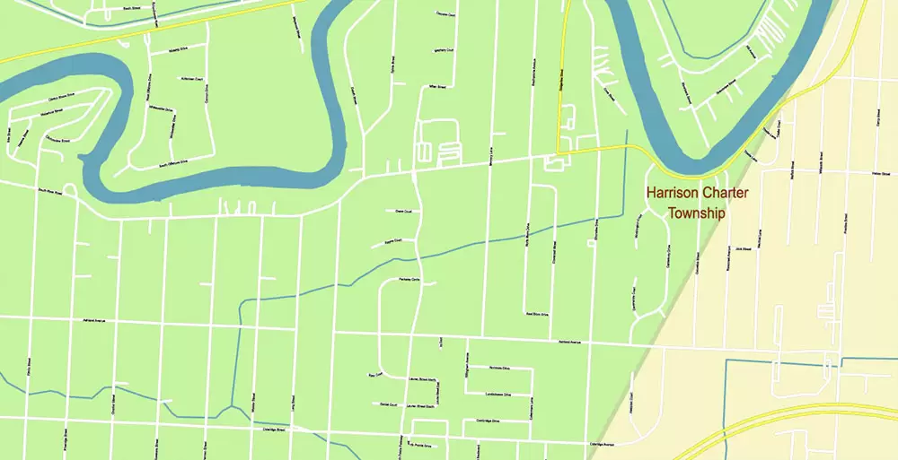 Michigan South-East area, US Vector Map: Extra High Detailed in 2 parts (all roads and streets with names) + Counties editable Adobe Illustrator in layers