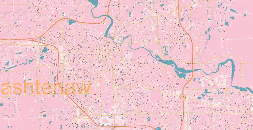 Michigan South-East area, US Vector Map: Extra High Detailed in 2 parts (all roads and streets with names) + Counties editable Adobe Illustrator in layers
