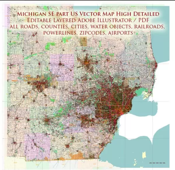 _Michigan South-East part, US Vector Map: Extra High Detailed (all roads, zipcodes, airports) + Admin Areas editable Adobe Illustrator in layers