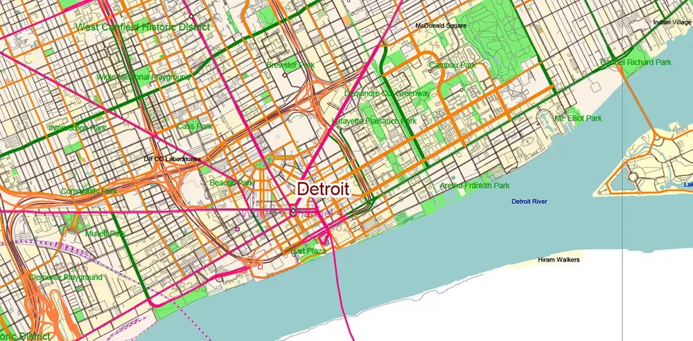 _Michigan South-East part, US Vector Map: PDF Extra High Detailed (all roads, zipcodes, airports) + Admin Areas editable Adobe PDF in layers
