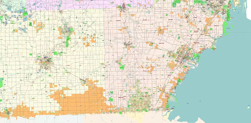 _Michigan South-East part, US Vector Map: PDF Extra High Detailed (all roads, zipcodes, airports) + Admin Areas editable Adobe PDF in layers