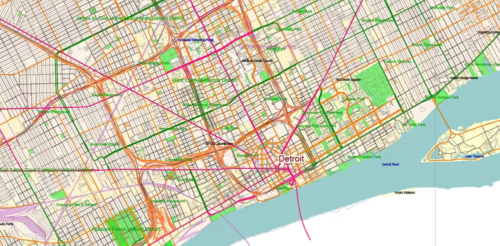 _Michigan South-East part, US Vector Map: PDF Extra High Detailed (all roads, zipcodes, airports) + Admin Areas editable Adobe PDF in layers