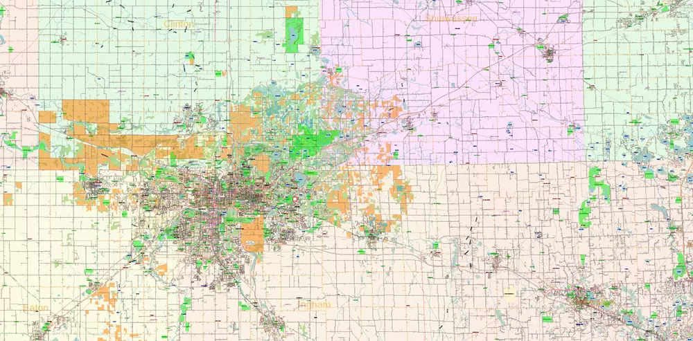 _Michigan South-East part, US Vector Map: PDF Extra High Detailed (all roads, zipcodes, airports) + Admin Areas editable Adobe PDF in layers