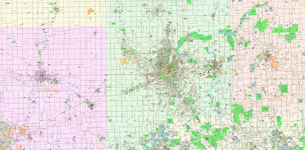 _Michigan South-East part, US Vector Map: PDF Extra High Detailed (all roads, zipcodes, airports) + Admin Areas editable Adobe PDF in layers