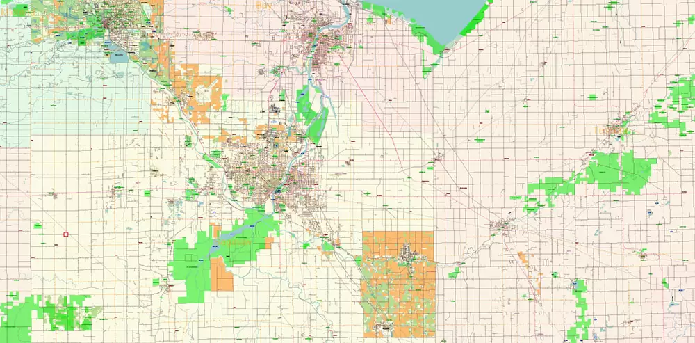 _Michigan South-East part, US Vector Map: PDF Extra High Detailed (all roads, zipcodes, airports) + Admin Areas editable Adobe PDF in layers