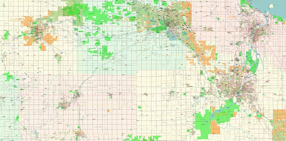 _Michigan South-East part, US Vector Map: PDF Extra High Detailed (all roads, zipcodes, airports) + Admin Areas editable Adobe PDF in layers