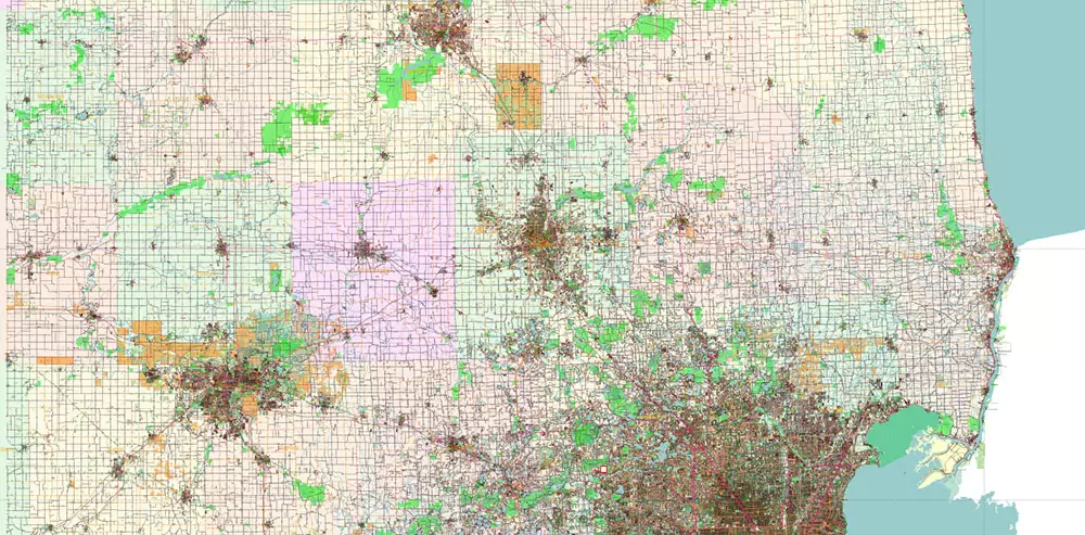 _Michigan South-East part, US Vector Map: PDF Extra High Detailed (all roads, zipcodes, airports) + Admin Areas editable Adobe PDF in layers