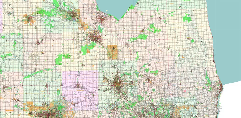 _Michigan South-East part, US Vector Map: PDF Extra High Detailed (all roads, zipcodes, airports) + Admin Areas editable Adobe PDF in layers