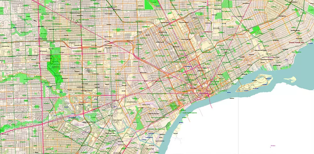 _Michigan South-East part, US Vector Map: PDF Extra High Detailed (all roads, zipcodes, airports) + Admin Areas editable Adobe PDF in layers