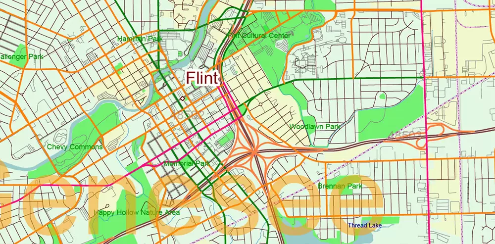 _Michigan South-East part, US Vector Map: PDF Extra High Detailed (all roads, zipcodes, airports) + Admin Areas editable Adobe PDF in layers