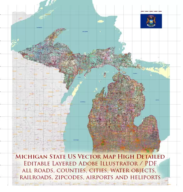 Michigan State US Map Vector Accurate Roads Plan High Detailed Street Map + Counties + Zipcodes editable Adobe Illustrator in layers