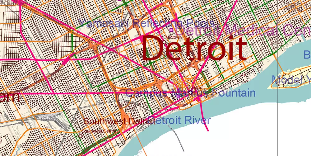 Michigan State US Map Vector Accurate Roads Plan High Detailed Street Map + Counties + Zipcodes editable Adobe Illustrator in layers