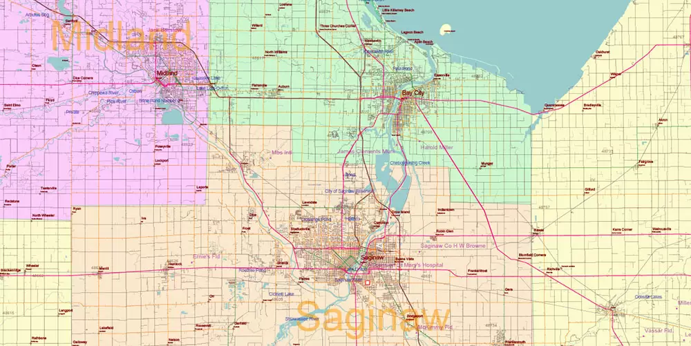 Michigan State US Map Vector Accurate Roads Plan High Detailed Street Map + Counties + Zipcodes editable Adobe Illustrator in layers