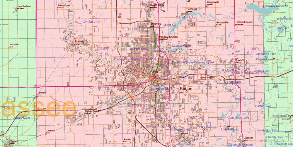 Michigan State US Map Vector Accurate Roads Plan High Detailed Street Map + Counties + Zipcodes editable Adobe Illustrator in layers