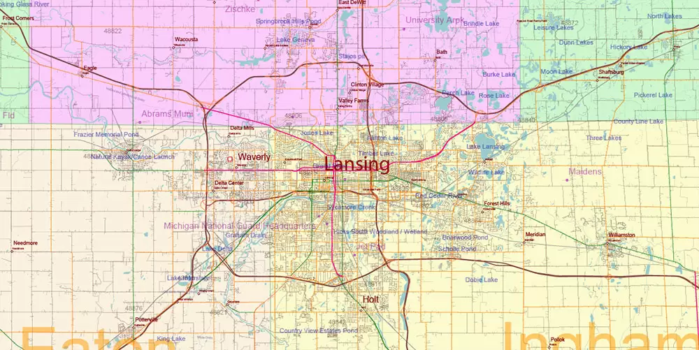 Michigan State US Map Vector Accurate Roads Plan High Detailed Street Map + Counties + Zipcodes editable Adobe Illustrator in layers