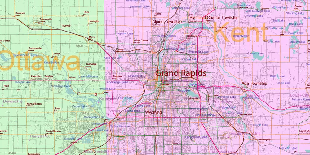 Michigan State US Map Vector Accurate Roads Plan High Detailed Street Map + Counties + Zipcodes editable Adobe Illustrator in layers