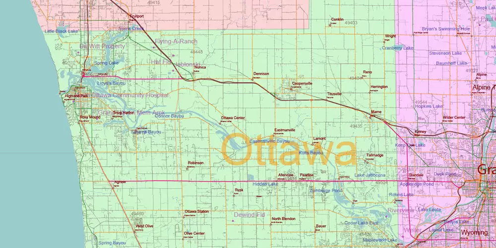 Michigan State US Map Vector Accurate Roads Plan High Detailed Street Map + Counties + Zipcodes editable Adobe Illustrator in layers