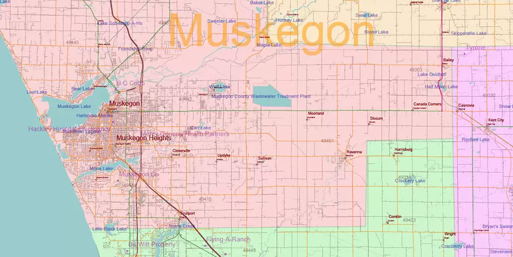 Michigan State US Map Vector Accurate Roads Plan High Detailed Street Map + Counties + Zipcodes editable Adobe Illustrator in layers