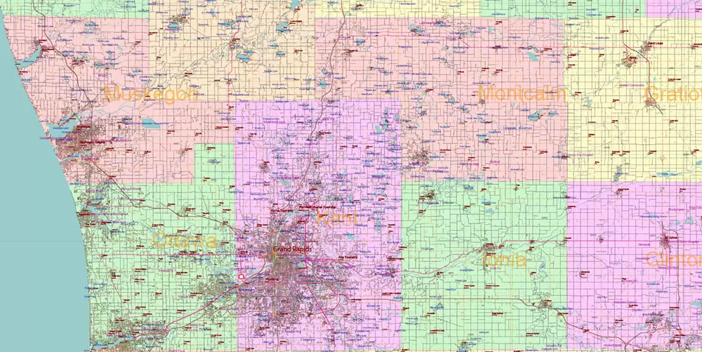 Michigan State US Map Vector Accurate Roads Plan High Detailed Street Map + Counties + Zipcodes editable Adobe Illustrator in layers