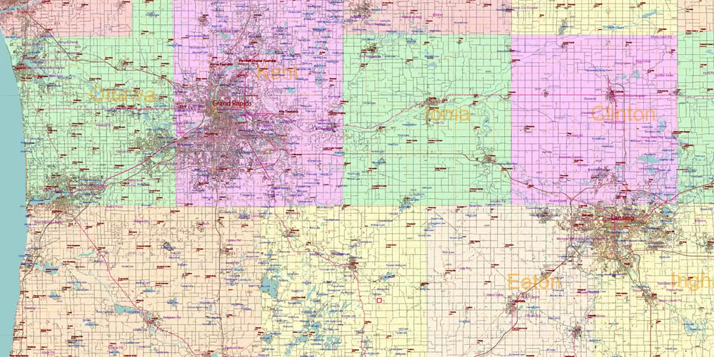 Michigan State US Map Vector Accurate Roads Plan High Detailed Street Map + Counties + Zipcodes editable Adobe Illustrator in layers