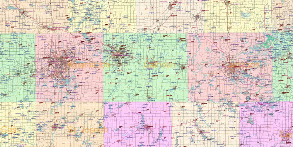 Michigan State US Map Vector Accurate Roads Plan High Detailed Street Map + Counties + Zipcodes editable Adobe Illustrator in layers