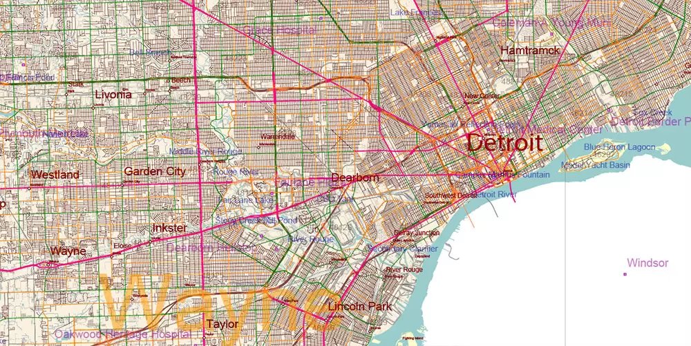 Michigan State US Map Vector Accurate Roads Plan High Detailed Street Map + Counties + Zipcodes editable Adobe Illustrator in layers