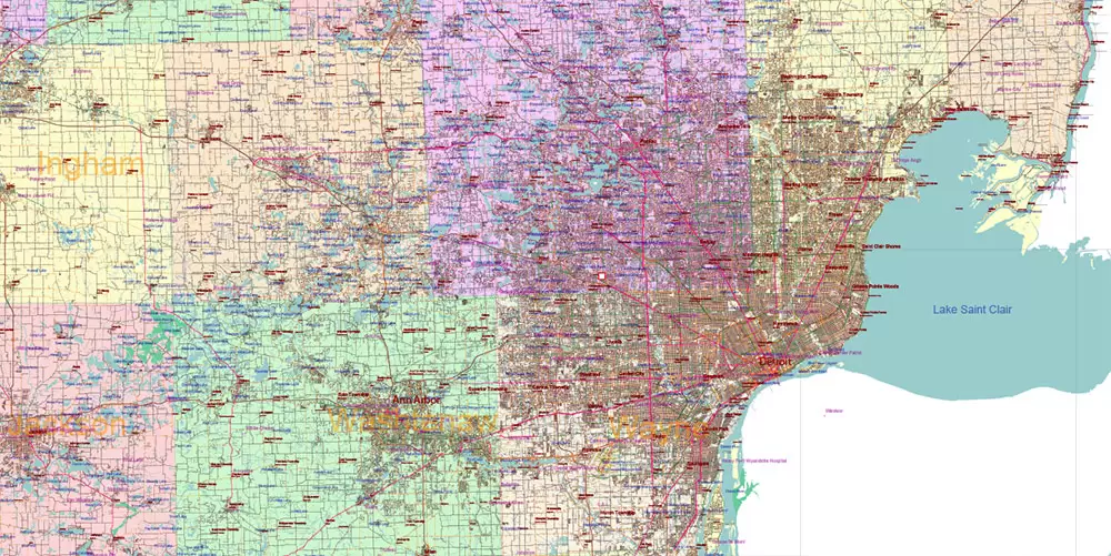 Michigan State US Map Vector Accurate Roads Plan High Detailed Street Map + Counties + Zipcodes editable Adobe Illustrator in layers