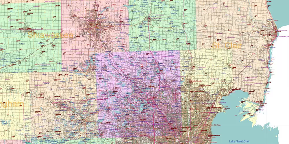 Michigan State US Map Vector Accurate Roads Plan High Detailed Street Map + Counties + Zipcodes editable Adobe Illustrator in layers
