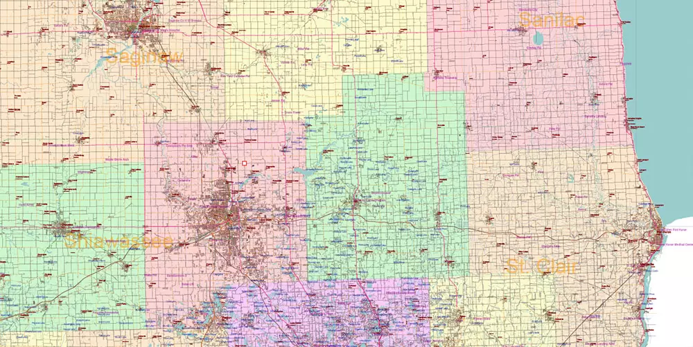 Michigan State US Map Vector Accurate Roads Plan High Detailed Street Map + Counties + Zipcodes editable Adobe Illustrator in layers