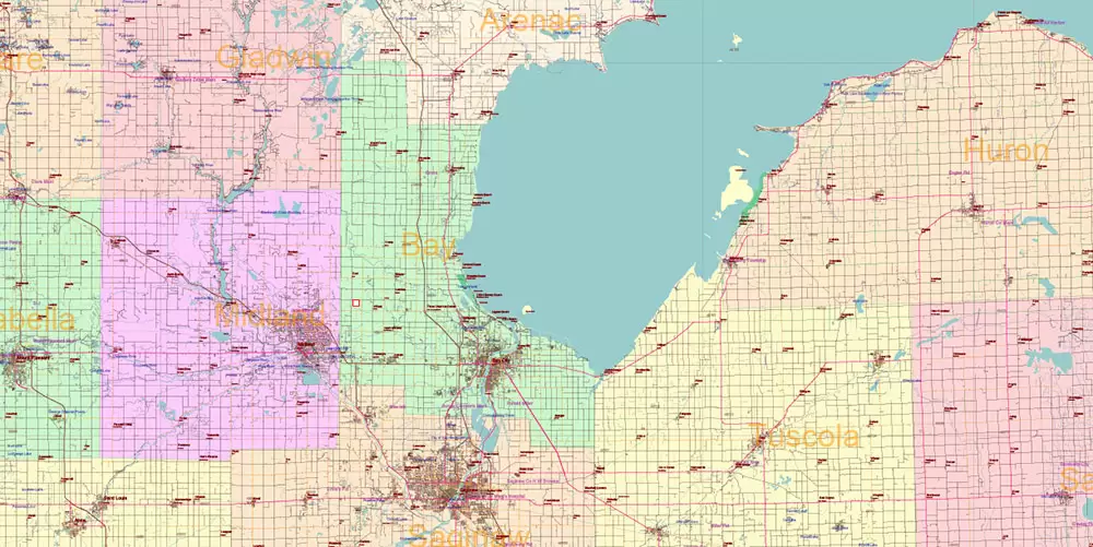 Michigan State US Map Vector Accurate Roads Plan High Detailed Street Map + Counties + Zipcodes editable Adobe Illustrator in layers