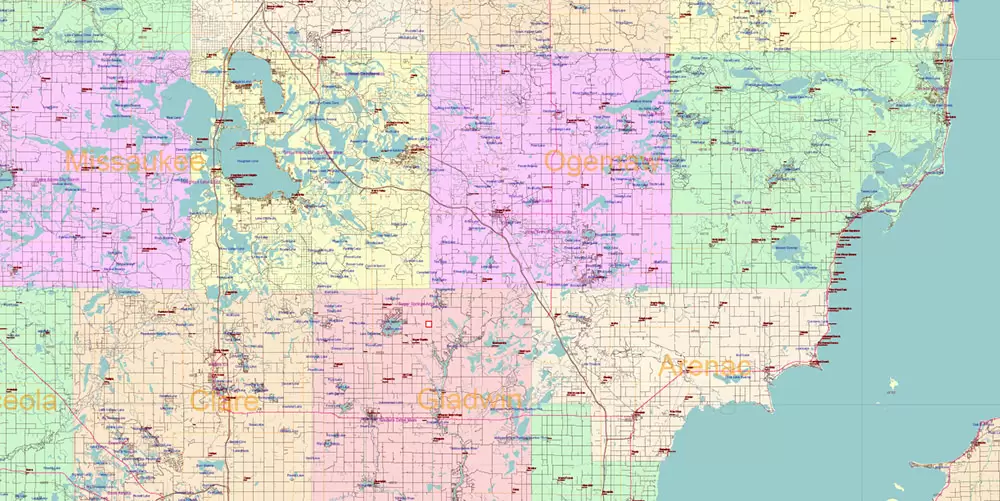 Michigan State US Map Vector Accurate Roads Plan High Detailed Street Map + Counties + Zipcodes editable Adobe Illustrator in layers