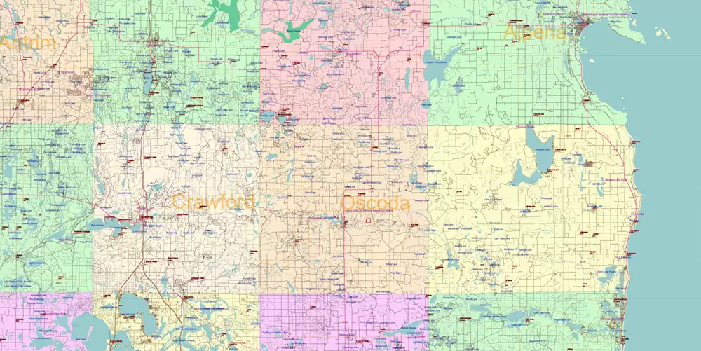 Michigan State US Map Vector Accurate Roads Plan High Detailed Street Map + Counties + Zipcodes editable Adobe Illustrator in layers