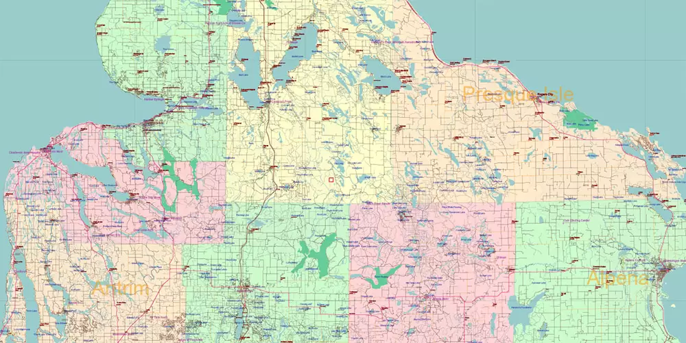 Michigan State US Map Vector Accurate Roads Plan High Detailed Street Map + Counties + Zipcodes editable Adobe Illustrator in layers