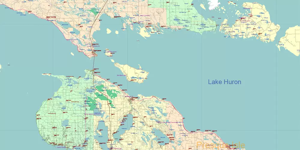 Michigan State US Map Vector Accurate Roads Plan High Detailed Street Map + Counties + Zipcodes editable Adobe Illustrator in layers