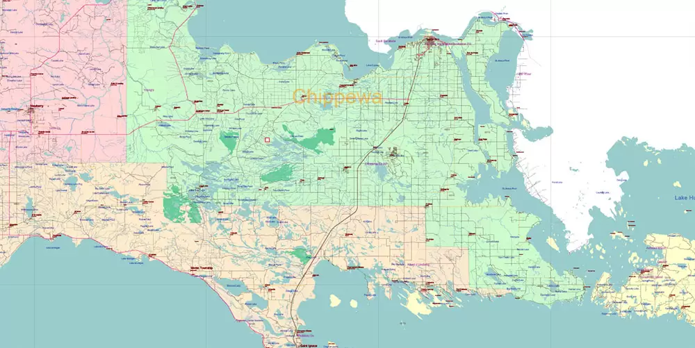 Michigan State US Map Vector Accurate Roads Plan High Detailed Street Map + Counties + Zipcodes editable Adobe Illustrator in layers